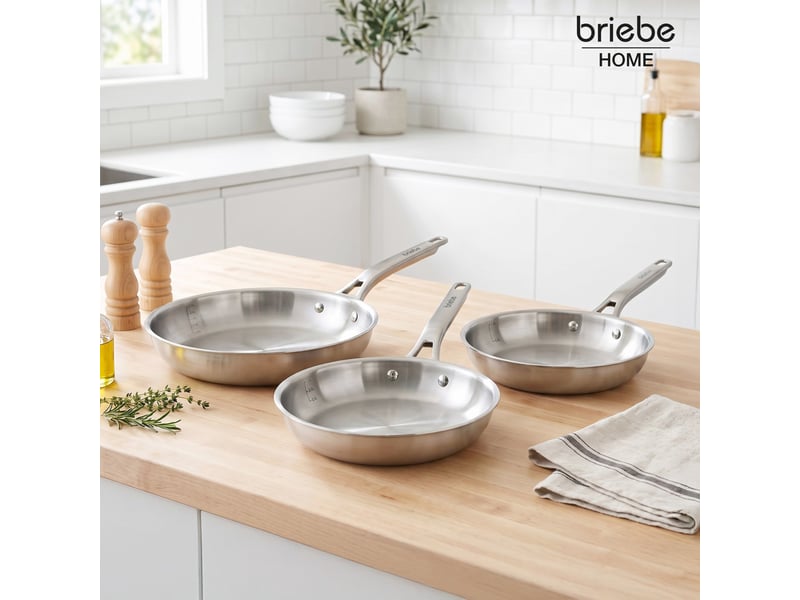  Lot 3 poêles acier inox induction tri-ply sans revêtement antiadhésif 20-24-28cm, briebe, fp1214s3, , inox  - Conforama B