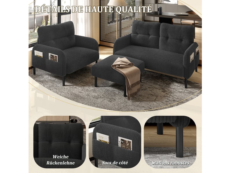  Ensemble de canapés 2 places avec fauteuil et repose-pieds, pochette latérale, dossier, pour le salon, velours, gris  - Conforama D