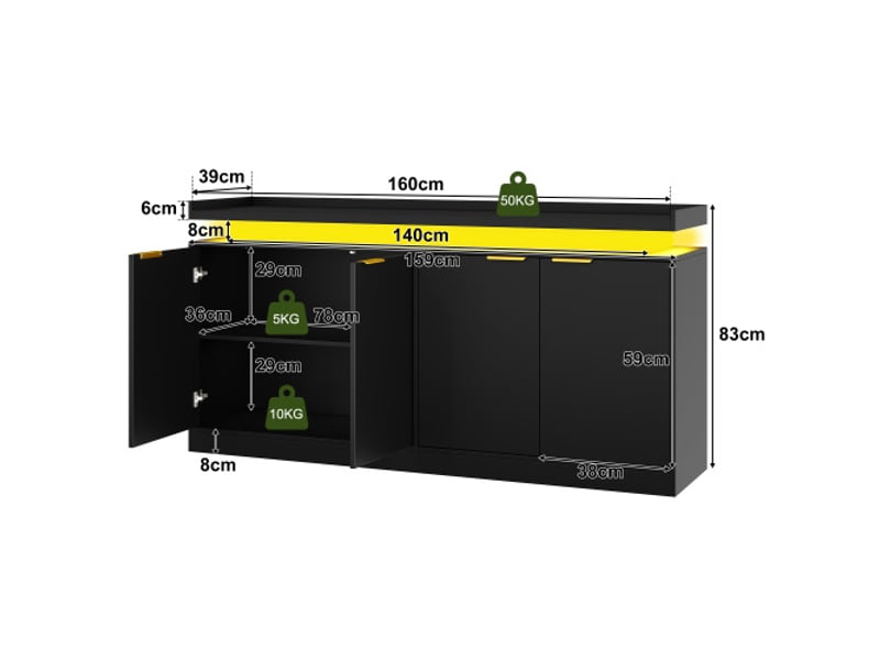  Buffet 4 portes avec éclairage led intégré – meuble de cuisine et salon, 160x39x83 cm – rangement moderne  - Conforama C