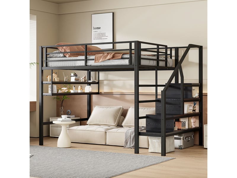  Lit mezzanine enfant 140 × 200 cm 2 places avec étagères, escalier de rangement et barrière, sans matelas, métal noir  - Conforama C