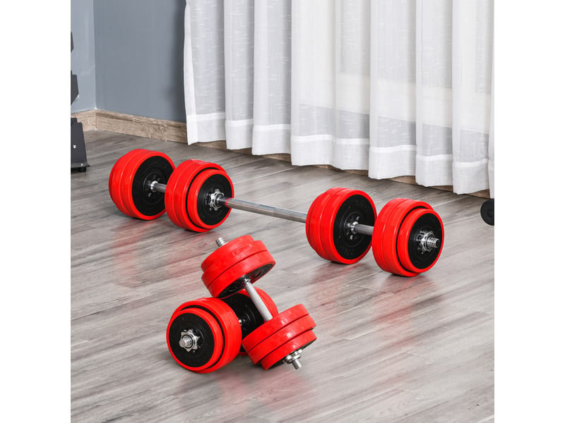  Ensemble d'haltères de 30 kg, haltères et barres réglables 2 en 1, musculation pour la remise en forme à domicile, renforcement musculaire, rouge et noir, 21,5 x 21,5 x 3,8 cm  - Conforama C