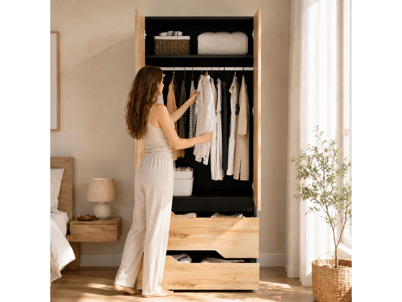Armoire de chambre 2 portes avec penderie et 2 tiroirs 90x50x200 cm chêne et noir - Conforama D