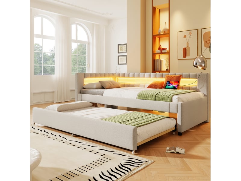  Lit gigogne pour jeune, 90x200 cm et 90x190 cm, led avec télécommande et ports usb et type c, lin et mdf, coloris beige  - Conforama D