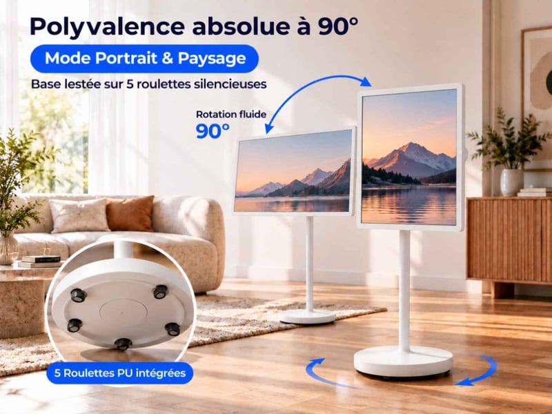  Écran tactile connecté 31,5 pouces sur support tv sur pied avec roulettes, android 15 fhd pivotant avec batterie, blanc  - Conforama E