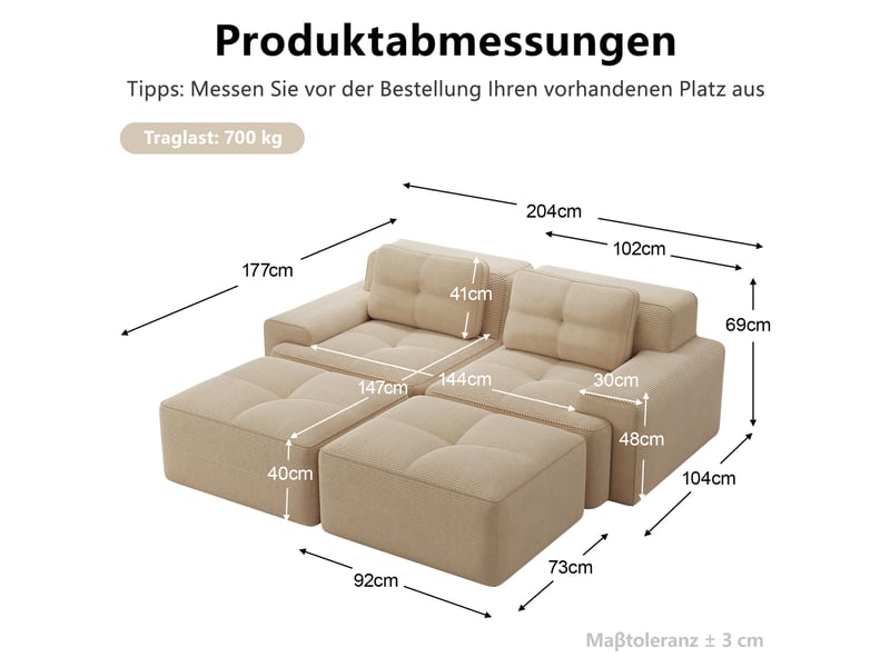 Canapé modulable 2 pl 204x177x69cm, canapé sous vide avec poufs, assise généreuse, pièce de salon, velours côtelé, beige - Conforama C