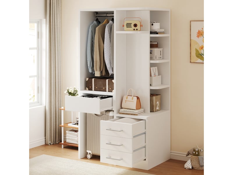  Armoire pour enfant, avec penderie, 3 tiroirs, étagères multi-niveaux, multifonction, 70 × 45 × 135 cm, blanc  - Conforama D