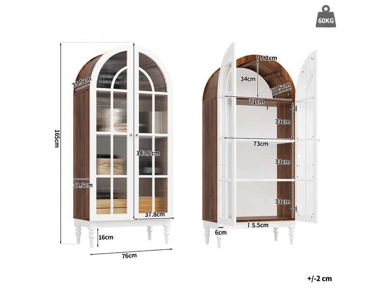  Lot de 2 vitrines hautes 76 x 38,5 x 165 cm avec portes en verre cannelé et 3 étagères, noyer et blanc  - Conforama C