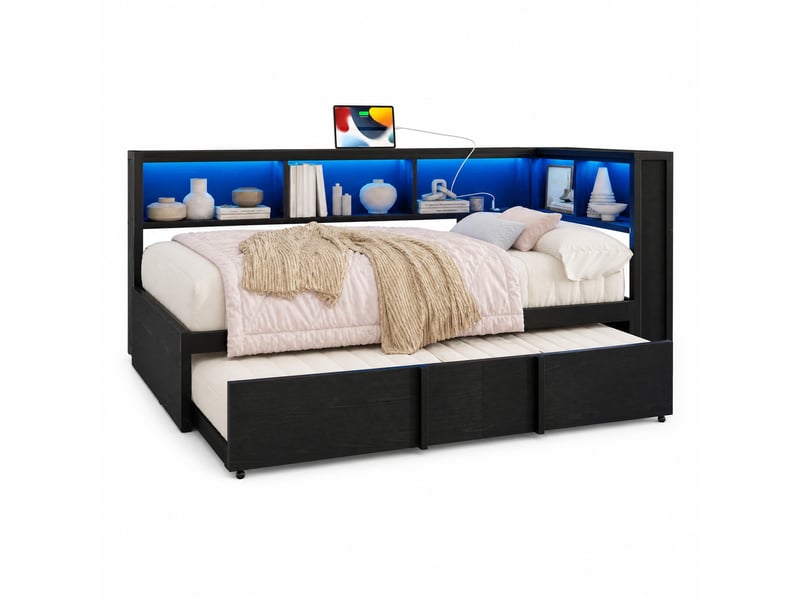  Lit banquette en métal et mdf, lit simple 90x200 cm avec lit gigogne, 5 placards, led et usb, sans matelas, noir  - Conforama A