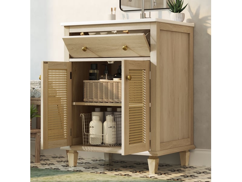 Meuble sous vasque 61x47x87 cm avec lavabo en céramique, effet bois naturel - Conforama B