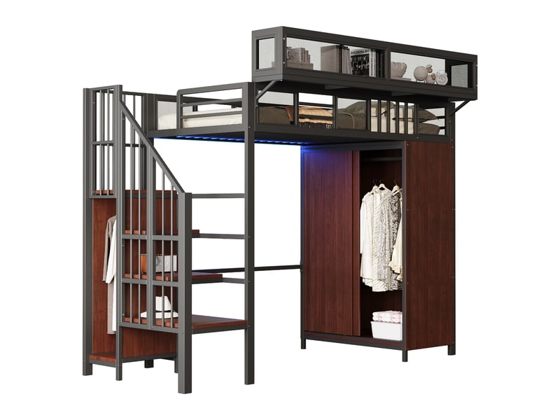  Lit mezzanine métal 90 x 200 cm noir avec armoire à portes coulissantes, led connectée, échelle rangement, garde-corps grille et étagères amovibles  - Conforama A