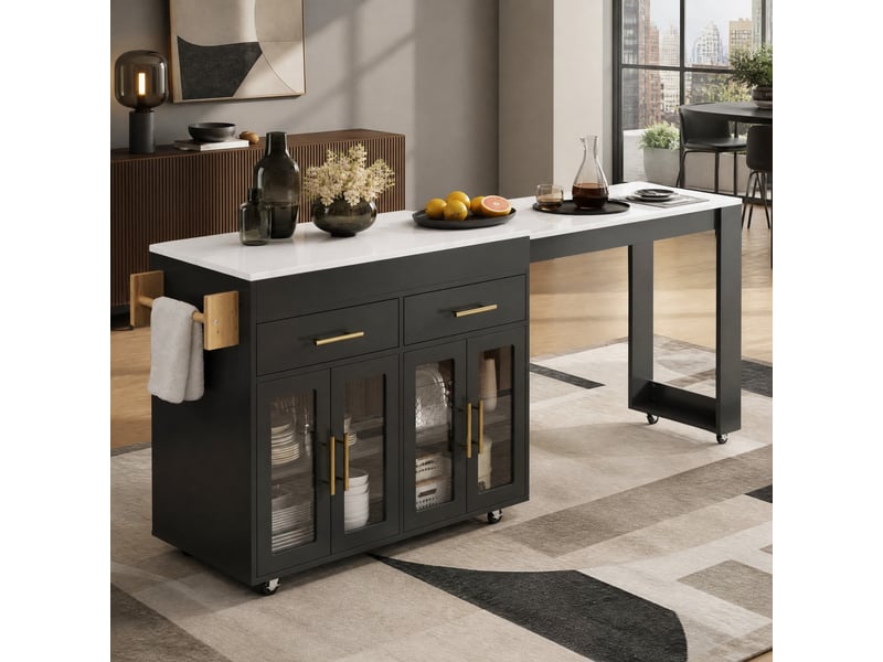  Îlot de cuisine mobile,132,5-217x50x93 cm,avec rangement,mdf,noir  - Conforama B