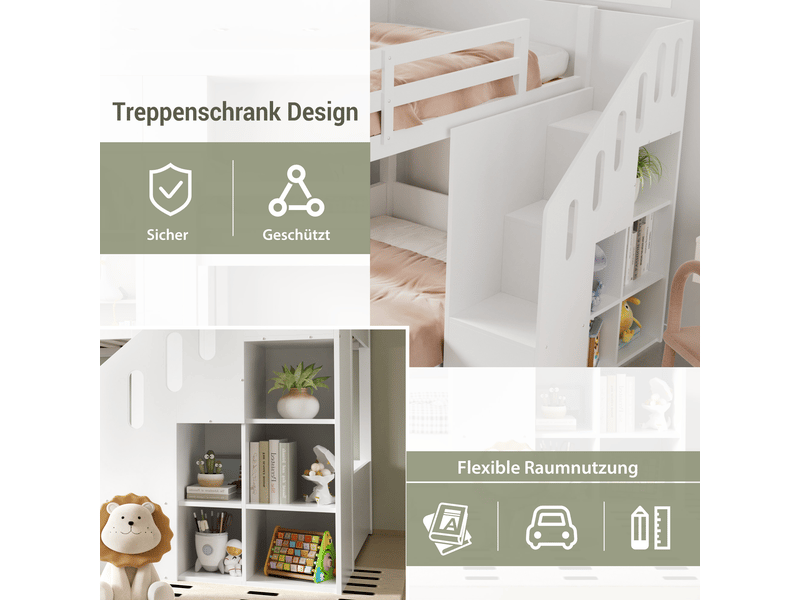  Lit superposé enfant 90x200cm avec escalier sécurisé, coffres de rangement, barrière de sécurité, bois blanc ABC - Conforama D