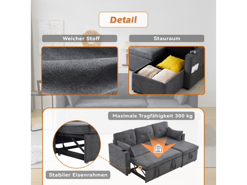  Canapé d'angle convertible canapé-lit réversible canapé 3 places avec coffre de rangement porte-gobelets - gris  - Conforama C
