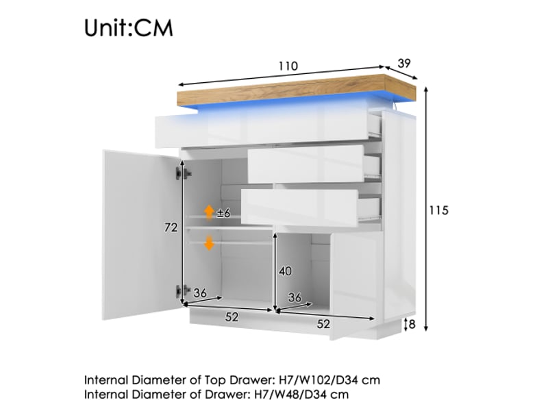 Buffet haut blanc brillant, 2 portes et 3 tiroirs, led et contrôle par app, meuble salonchambre 115×110×39 cm - Conforama C