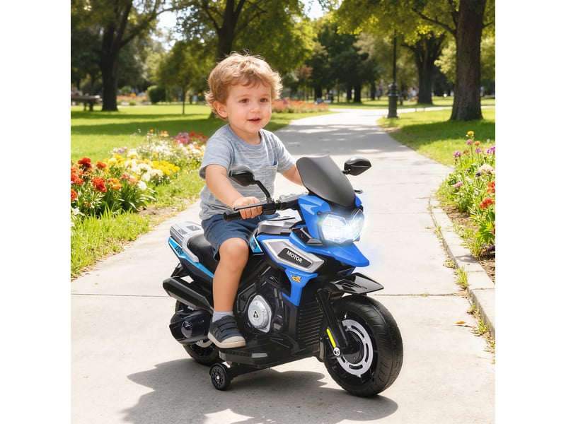Moto électrique pour enfants avec roues, rétroviseurs et repose-pieds, en polypropylène et métal, 85,5 x 44,5 x 56 cm, bleue - Conforama D