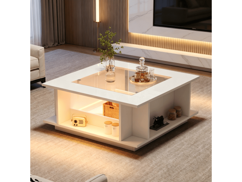 Table basse 70x70 cm blanc brillant, plateau verre, led, table d'appoint salon, charge max 30 kg, panneau de particules - Conforama B