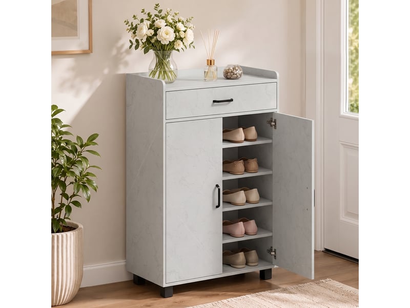  Meuble à chaussures, armoire à chaussures avec 2 portes, tiroir, 5 compartiments et étagères réglables, gris  - Conforama B