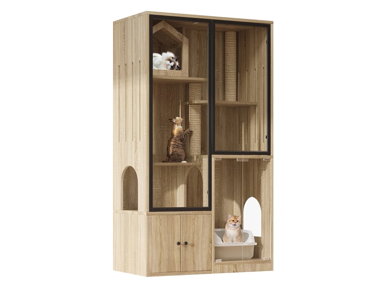  Grand meuble pour félins 90x50x160 cm – naturel – portes en verre trempé, 4 niveaux et griffoir intégré  - Conforama A