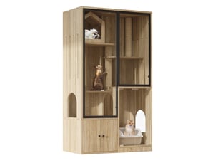 Grand meuble pour félins 90x50x160 cm – naturel – portes en verre trempé, 4 niveaux et griffoir intégré