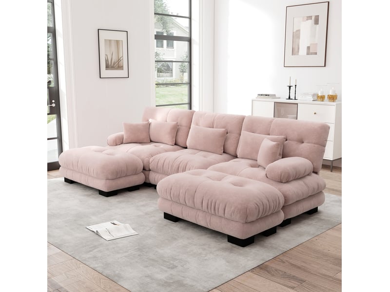 Canapé d’angle modulable modenvie en u 313 x 145 cm chenille rose avec ottomans mobiles  - Conforama B