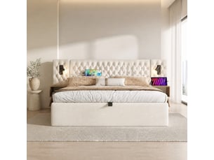 Lit coffre ulevr 180x200 cm avec 2 tables de chevet, liseuses, recharge usb et type-c, tête de lit en velours beige, rangement hydraulique
