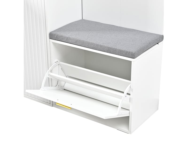  Meuble d'entrée 150 x 36 x 180 cm avec miroir, penderie, 3 portes, meuble à chaussures basculant, banc et tiroir, blanc  - Conforama E