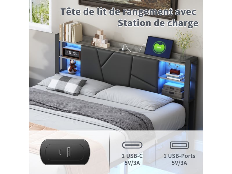 Lit double en fer et bois - 160x200 cm gris - led rvb variable - 2 tiroirs - tête de lit avec rangement et prises usb  - Conforama C
