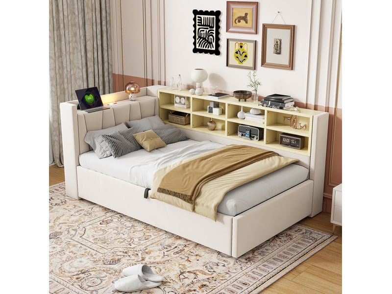  Lit simple enfant coffre 90x200 cm beige velours, éclairage intégré, ports usb et type-c, rangements latéraux  - Conforama B
