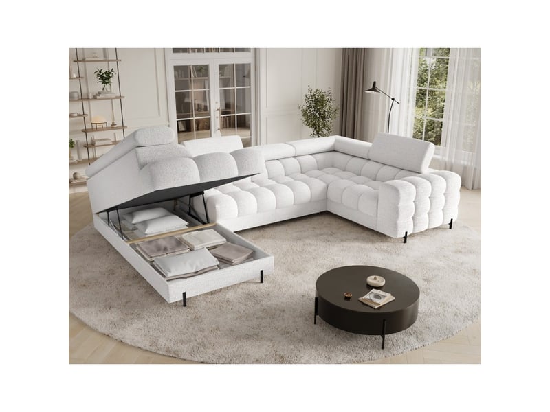Canapé panoramique convertible factory 3 places blanc – angle gauche avec coffre - Conforama D