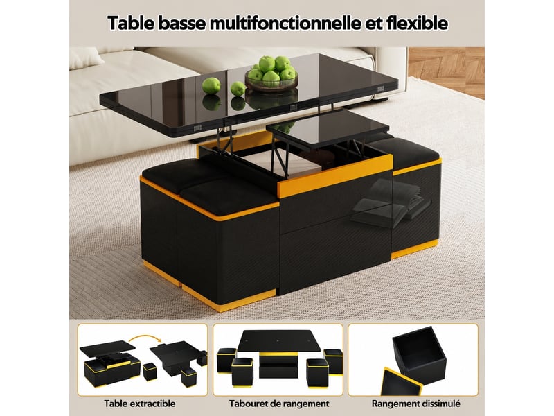  Table basse relevable avec plateau dépliable et 4 tabourets de rangement, noire et jaune, 100 x 50 x 43 cm  - Conforama E