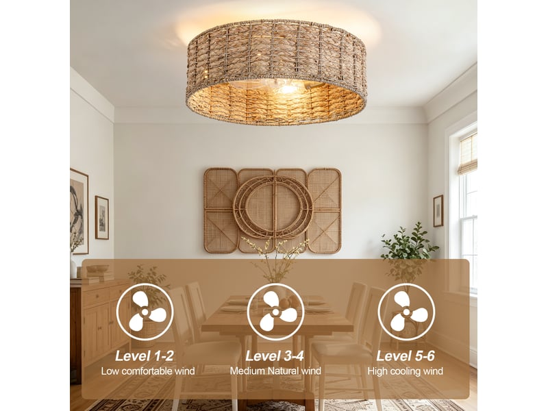 Plafonnier ventilateur 19 pouces en paille naturelle et cuivre, bluetooth, télécommande et 6 vitesses réversibles - Conforama E