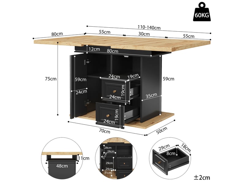 Table de cuisine rectangulaire avec allonge noir+naturel - 80x110-140max.cm mdf table bicolore - Conforama C