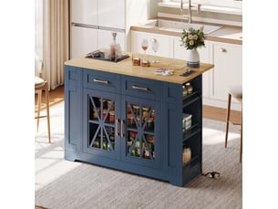 Desserte de cuisine 120x40-65x92 cm bleu et naturel, mdf, plateau rabattable, prises et roulettes avec freins