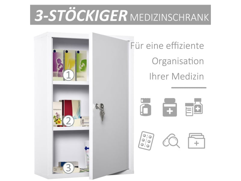  Armoire à pharmacie blanche en acier, 3 compartiments verrouillables, 40x18x60 cm, maison et bureau  - Conforama D