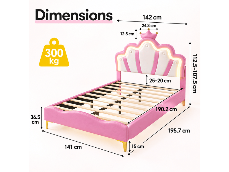  Lit enfant 140x190 avec sommier - éclairage led rgb - lit fille princesse avec tête de lit réglable - décor couronne -similicuir - lit enfant 140x190 avec led réglables -lit fille avec tête de lit en forme de couronne -lit une p…  - Conforama R