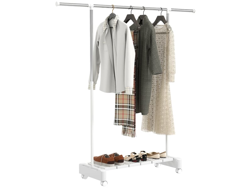  Étendoir à linge extensible avec roulettes et frein, étagère à chaussures et structure en acier inoxydable, blanc  - Conforama A