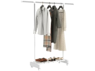 Étendoir à linge extensible avec roulettes et frein, étagère à chaussures et structure en acier inoxydable, blanc