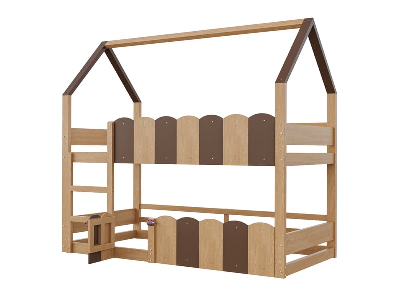Lit superposé enfant 90 x 200 cm coloris bois, structure maison avec échelle et barrières rehaussées - Conforama D