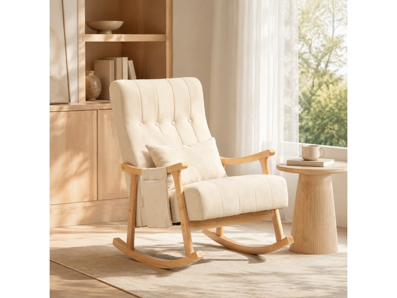 Fauteuil à bascule avec coussin lombaire et poches latérales, polyester beige  - Conforama D