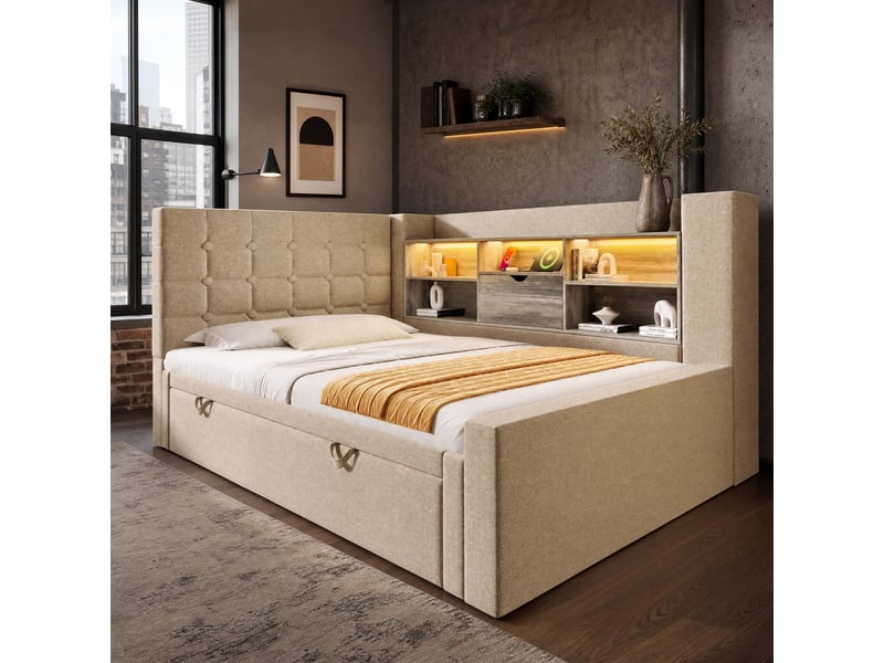  Lit gigogne 90x200 cm avec led et ports de charge en lin beige  - Conforama C