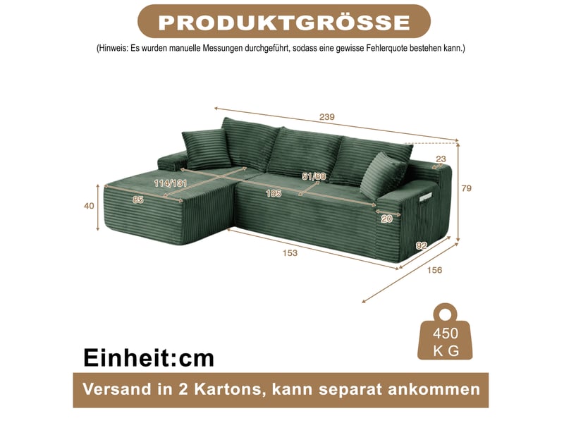  Canapé d'angle modulable gauche compressé 4 places, pour salon, élégant, pratique, en mousse et velours côtelé, vert  - Conforama C