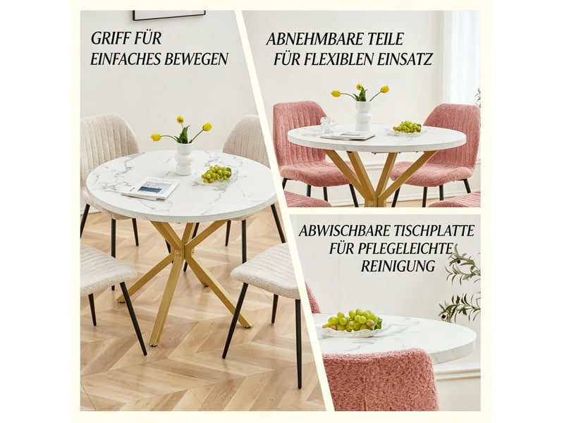 Table de cuisine ronde ø 100 cm – blanc et doré – 2 à 4 personnes, piètement acier en x renforcé - Conforama E