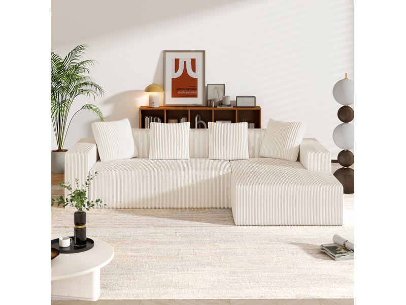  Canapé d'angle modulable 3 places en velours côtelé blanc avec méridienne, confort généreux pour le salon  - Conforama E