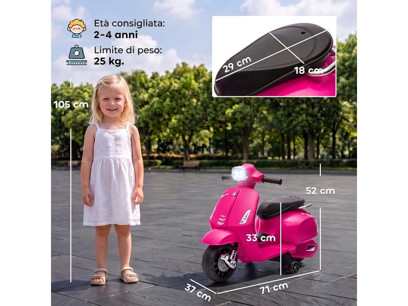  Moto électrique pour enfants avec permis vespa, batterie rechargeable 6v, roues et lumières, 2-4 ans, rose  - Conforama E