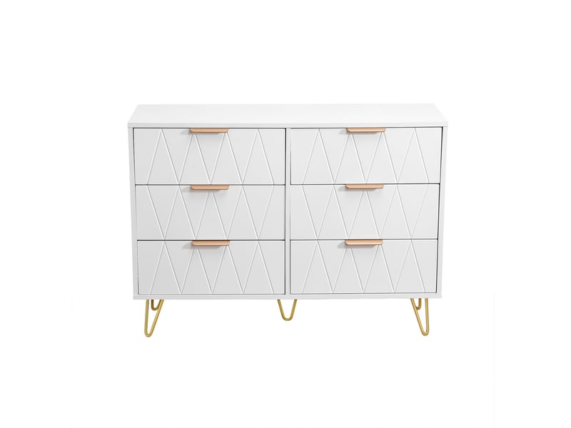  Commode 6 tiroirs, 100x34x72.5cm, meuble de rangement avec dispositif anti-basculement, bois et métal, style moderne, blanc et or  - Conforama A
