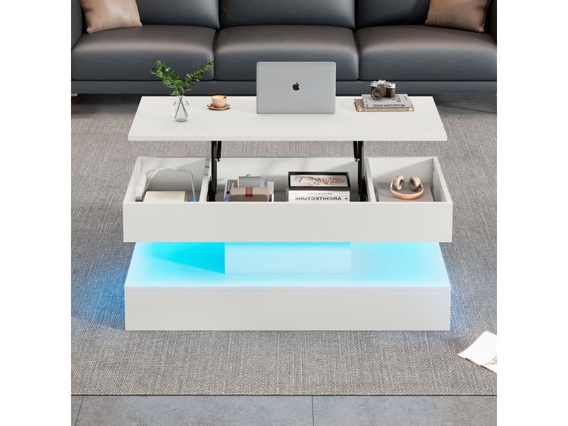  Table basse relevable rectangulaire en panneaux de particules avec lumière led,rangement caché et prises européennes intégrées,blanc table basse blanc - Conforama E