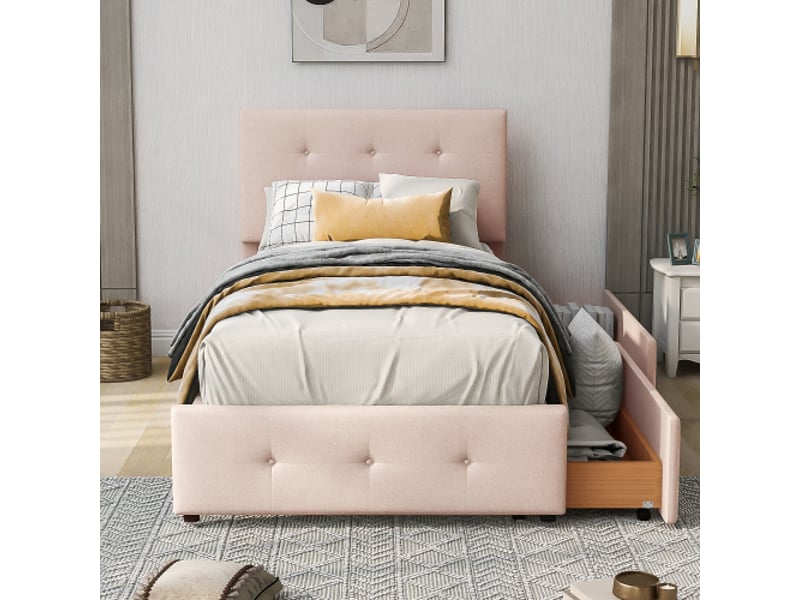  Lit enfant 90x200 cm, avec tiroir, avec tête de lit et lattes, en tissu, beige, sans matelas  - Conforama C