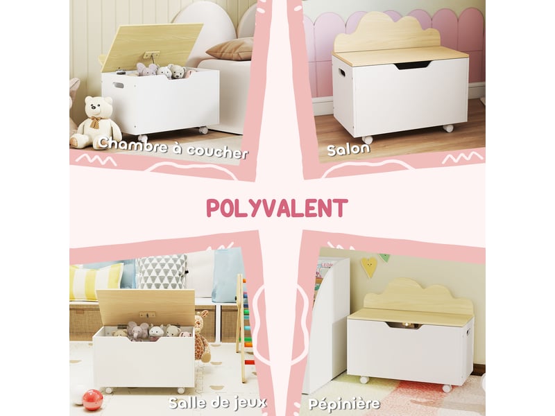  Coffre à jouet enfant sur roulettes, coffre de rangement enfant avec couvercle rabattable, blanc, 59 x 30 x 53 cm  - Conforama W