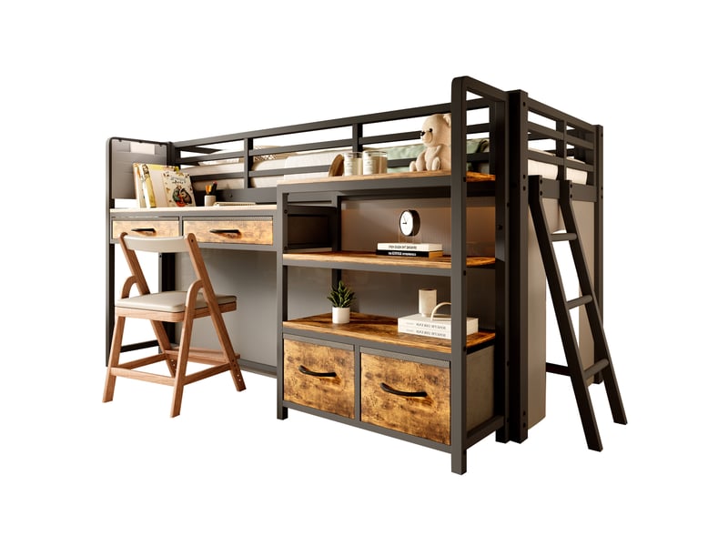  Lit mezzanine enfant 90x200cm avec bureau, lit surélevé avec tiroirs en tissu, étagères ouvertes, rideau et led multicolore, structure en métal, noir Seren Glow - Conforama A