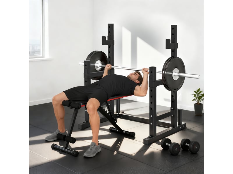 Support à haltères réglable à 2 niveaux avec porte-disques, acier, 110 x 91 x 145 cm, noir - Conforama D